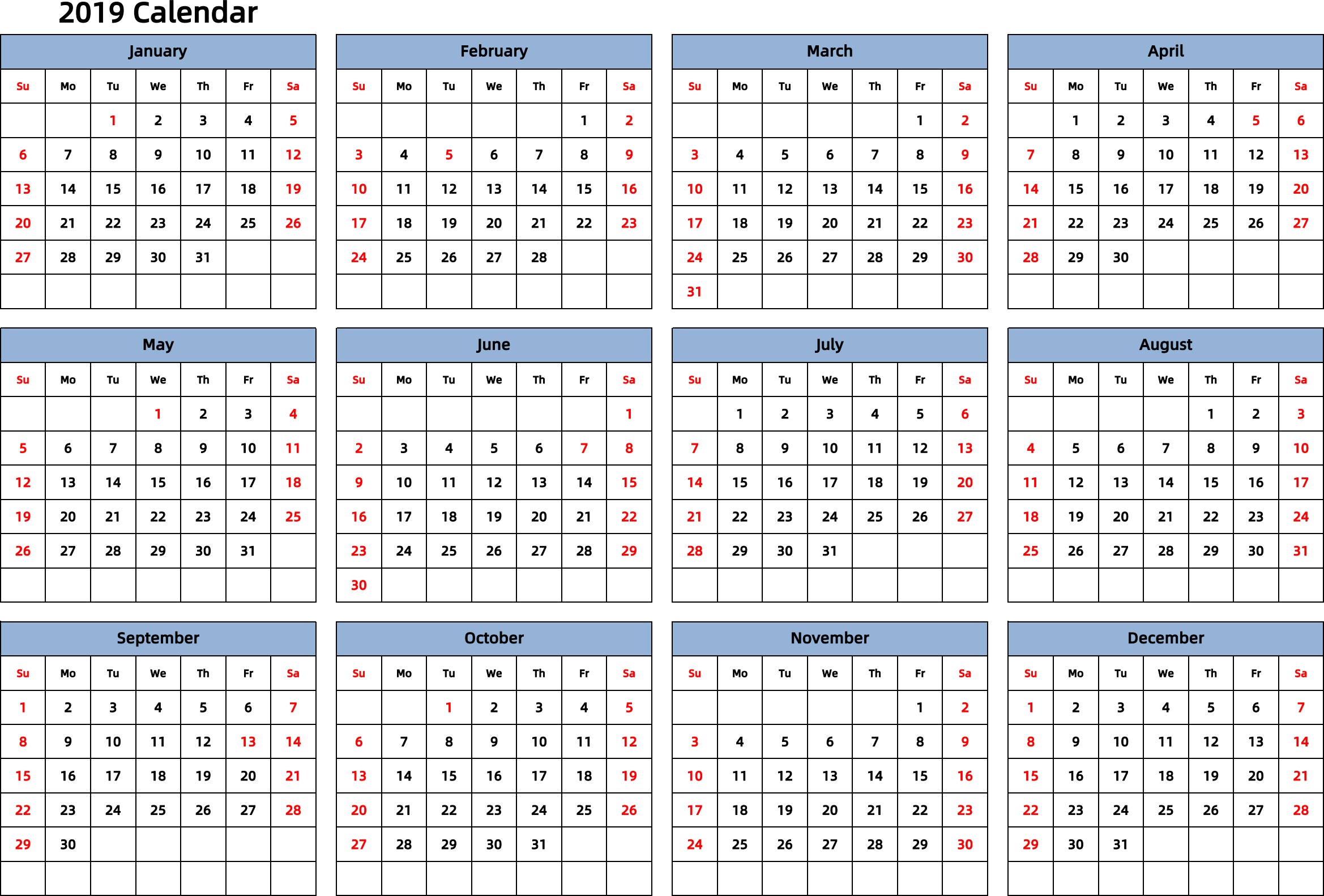 日历表2019年日历 英文版 横向排版 周日开始 带节假日调休安排